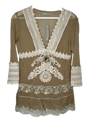 Y2K Vintage Passion Concept Sheer Lace Beaded Jeweled Boho Stretch Blouse Medium
